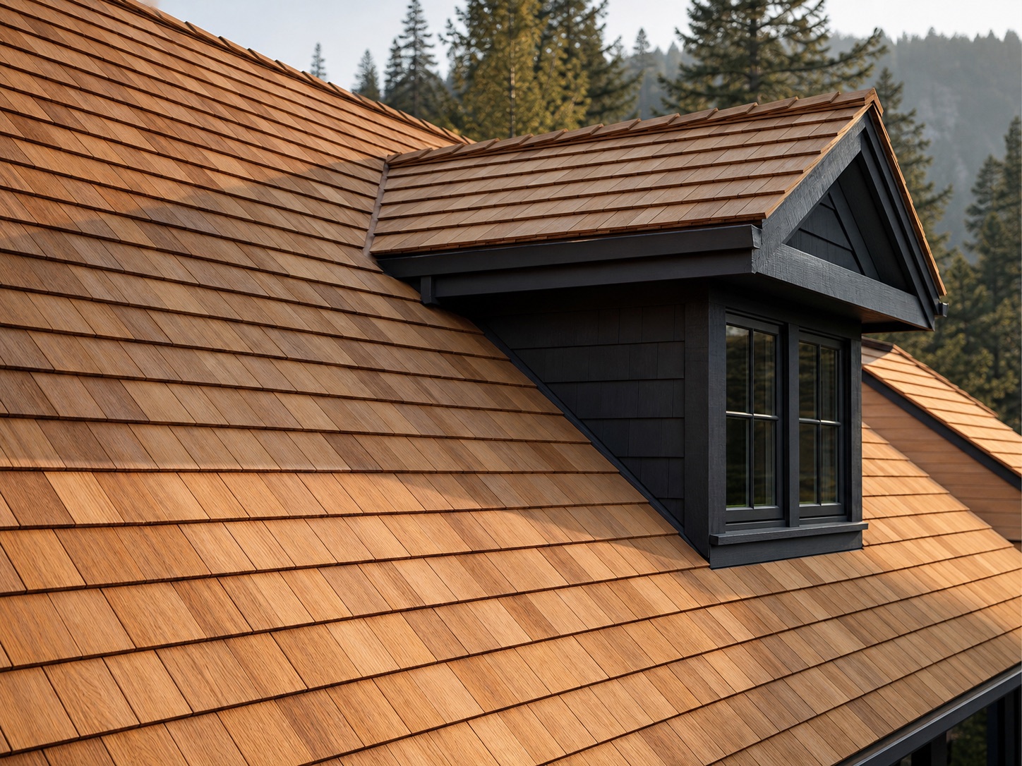 A freshly installed cedar shake roof with a dormer window, set against the Okanagan forest